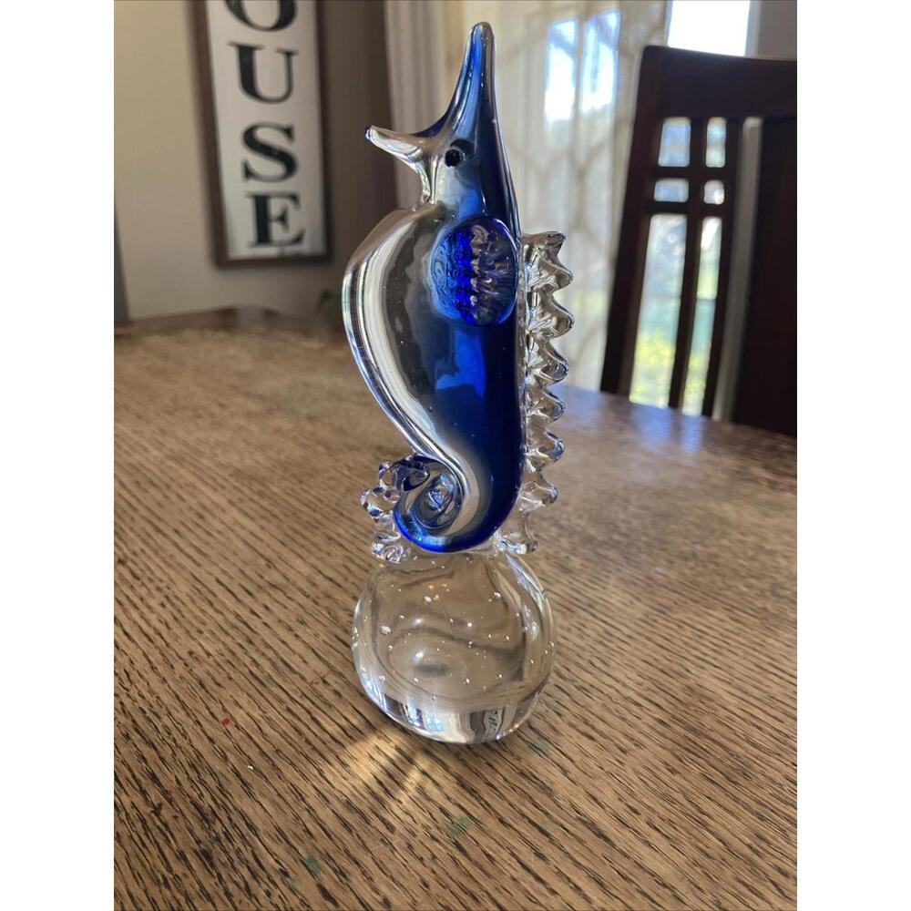 7 Inch Tall Hand Blown Art Glass Blue & Clear Seahorse On controlled bubble base